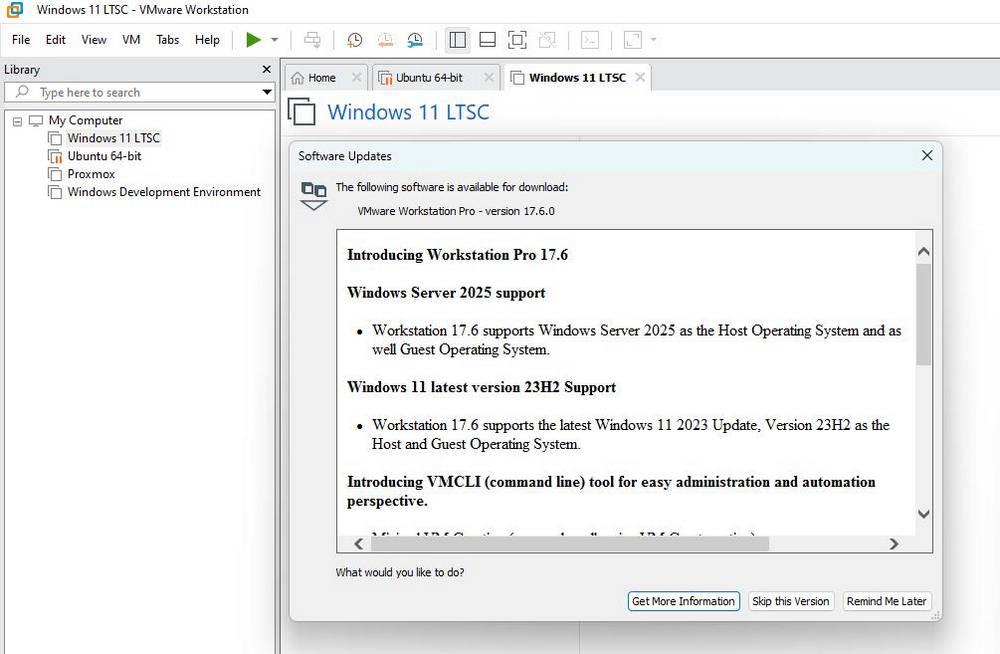 Mise à jour VMware Workstation 17.6