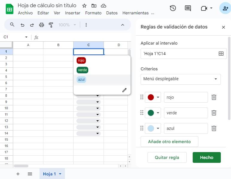 menu déroulant Google Sheets